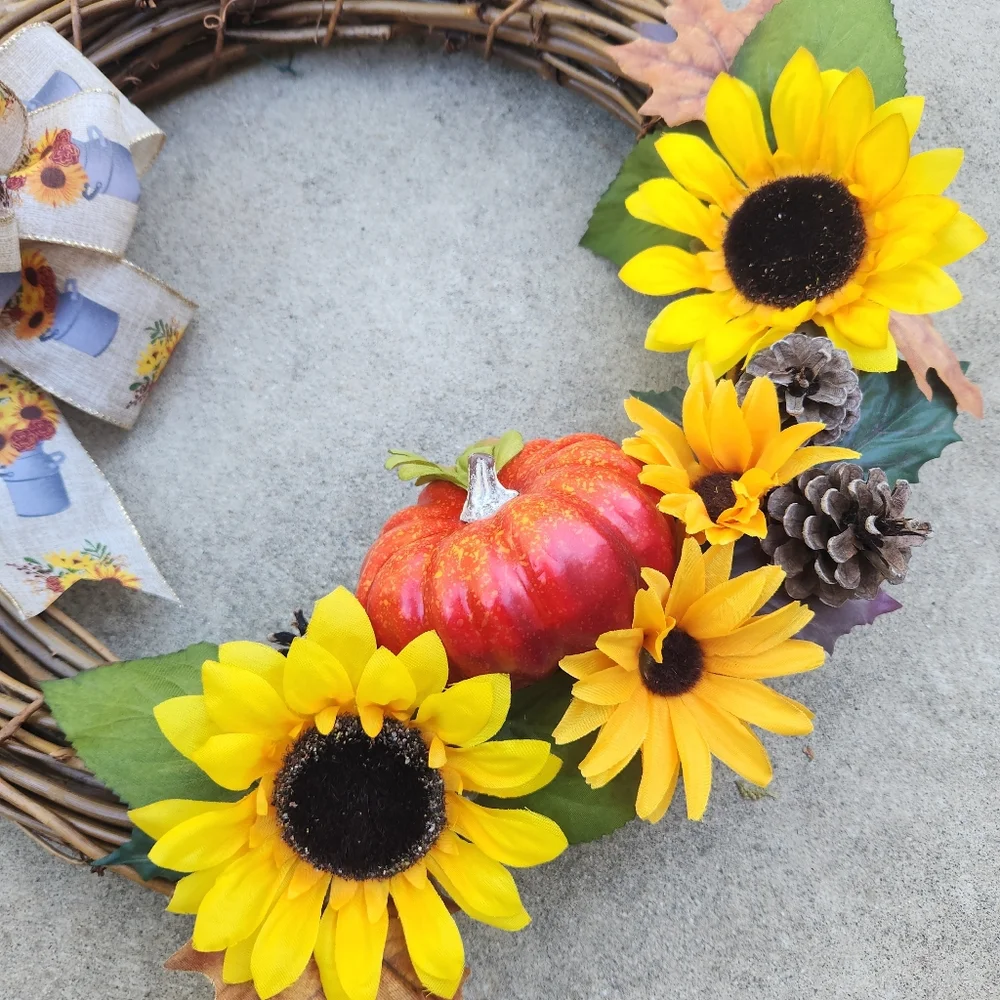 Handmade Autumn Grapevine Wreath with Sunflowers and Pumpkin